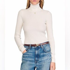 Sandro Ribbed Crewneck Long-Sleeve Top in White